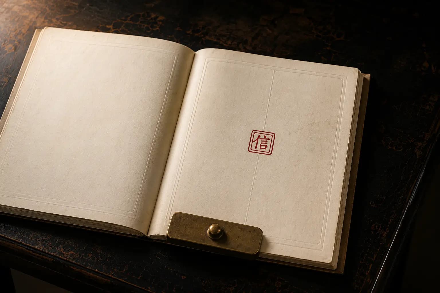 Cuốn sách mở ra hai trang giấy trắng, có con dấu đỏ và chốt đồng ở mép