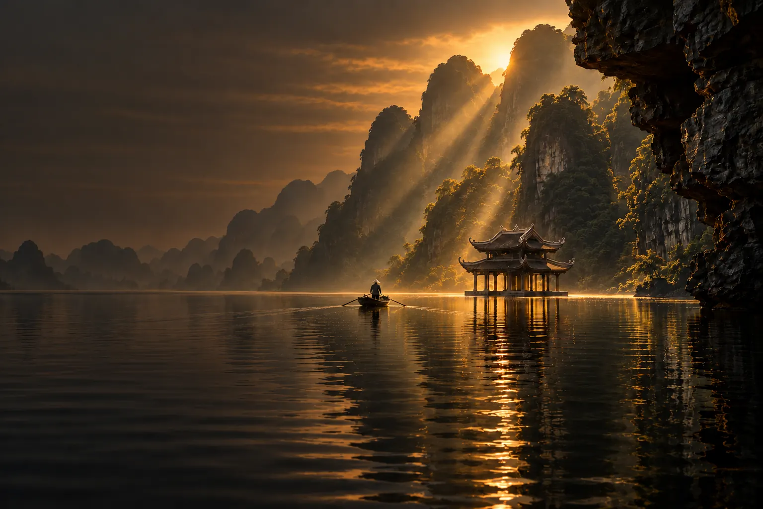 Bình minh trên sông nước Tràng An, núi đá vôi trong sương và một chiếc thuyền nhỏ